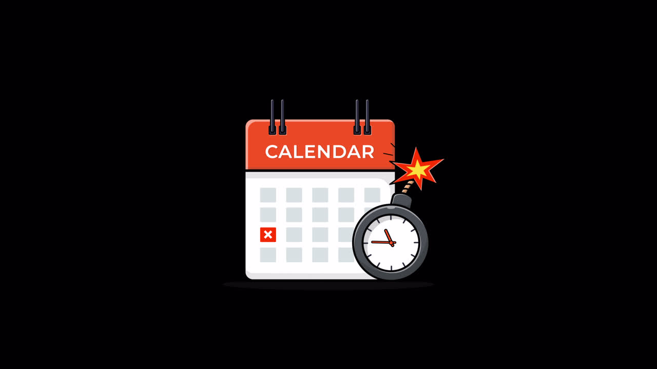Animeret kalender med eksploderende bombe og annulleringsmærke