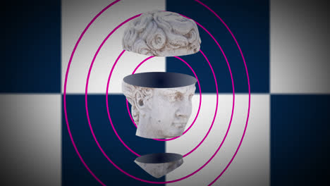 animación de la escultura de la cabeza sobre círculos en fondo a cuadros