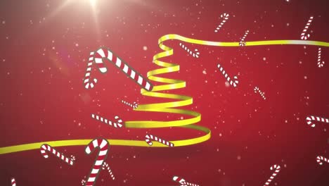 Animation-of-christmas-tree-formed-with-yellow-ribbon-and-candy-canes-falling