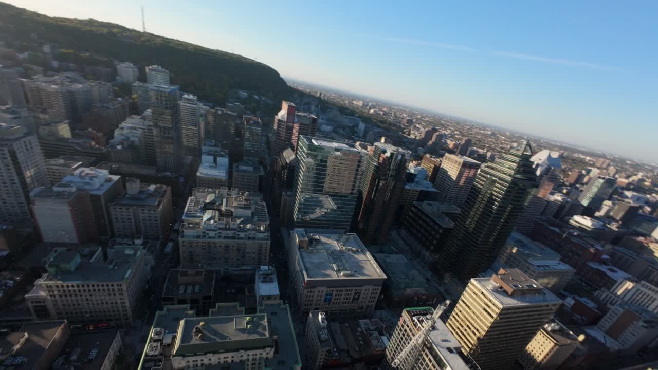 Modern Office Buildings Towering In Downtown Montreal, Quebec, Canada. FPV Shot