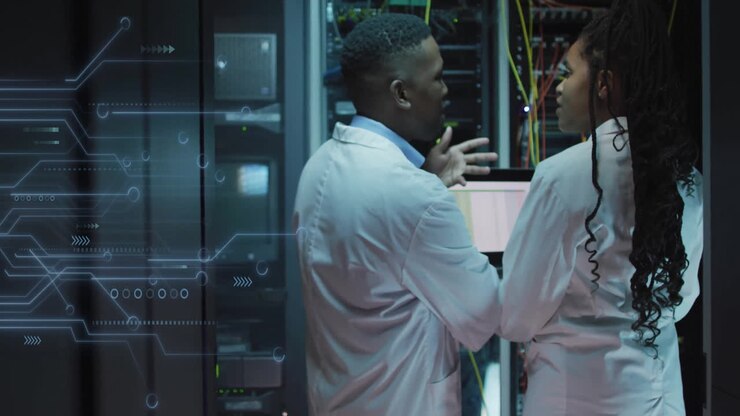 Animation of data processing and african american it technicians with laptop by computer servers