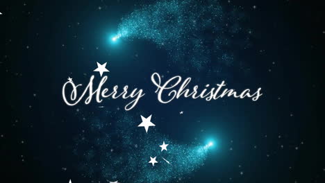 merry christmas text with stars and sparkling blue background animation