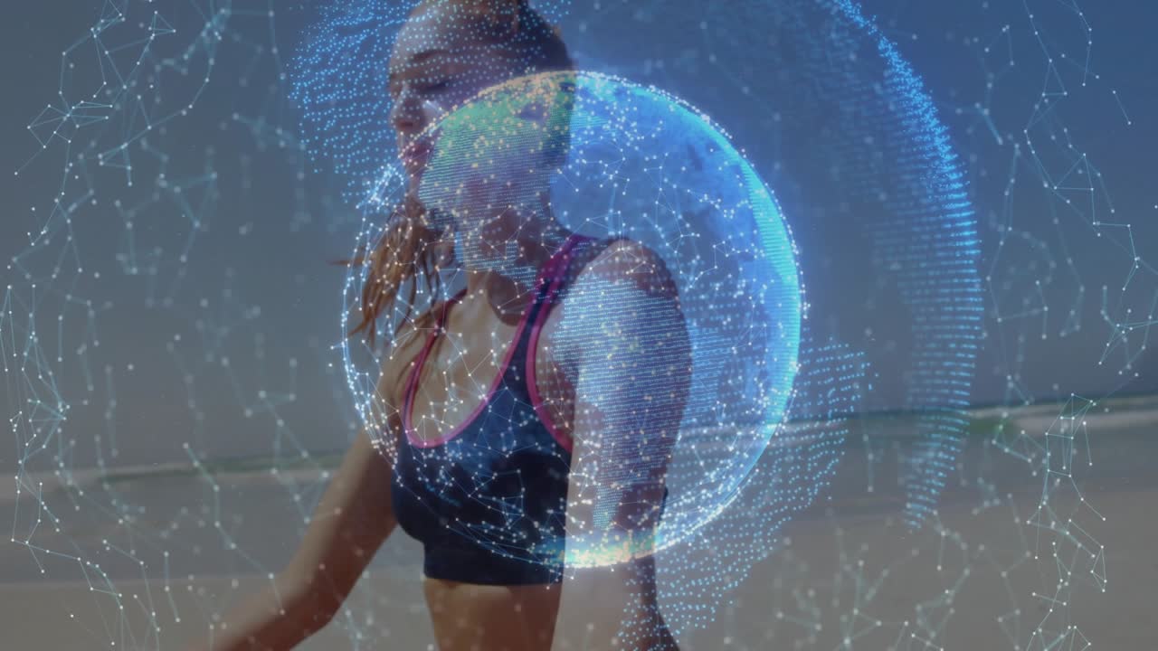 Woman arriving on sandy shore and unrolling yoga mat, summoning rotating data globe for meditation