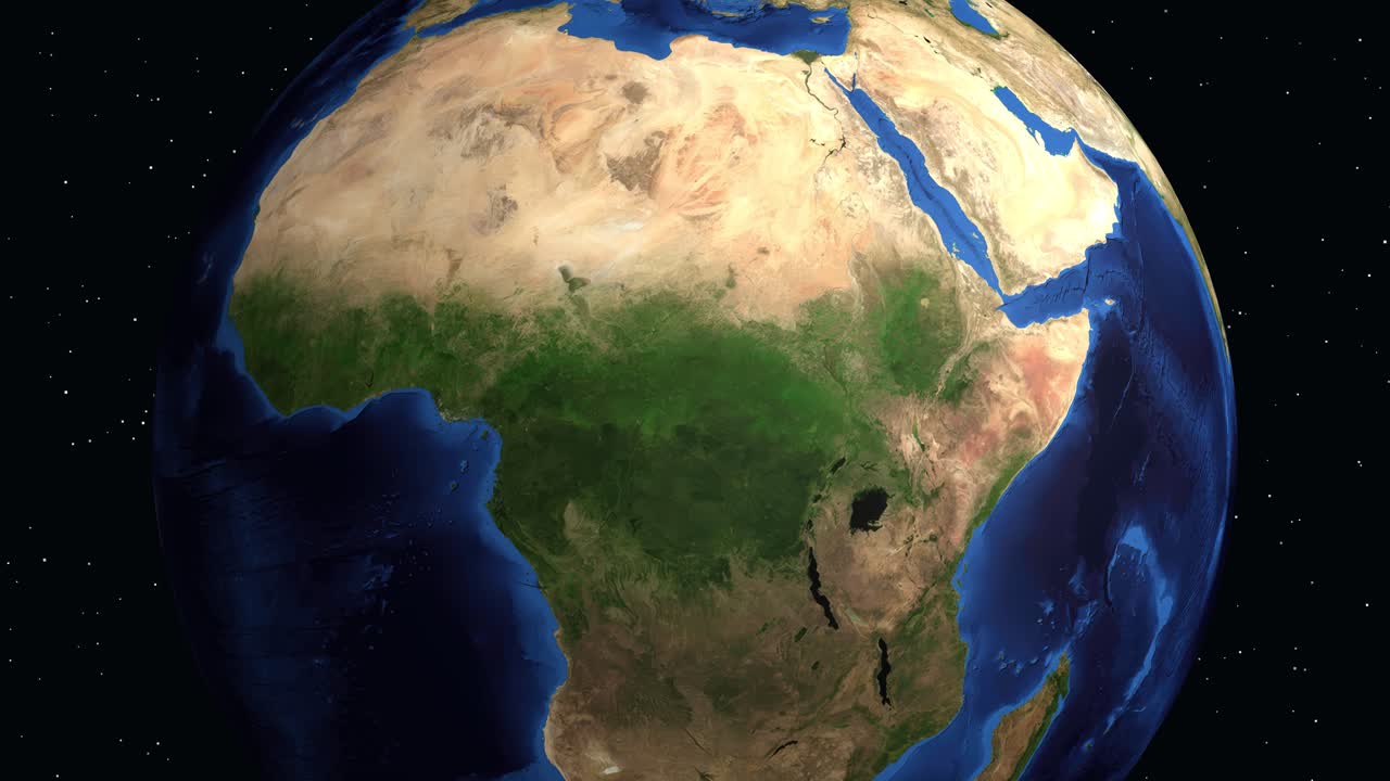Un globo digitale ruota e zooma su Onitsha, Nigeria, con una puntina rossa e un pannello informativo