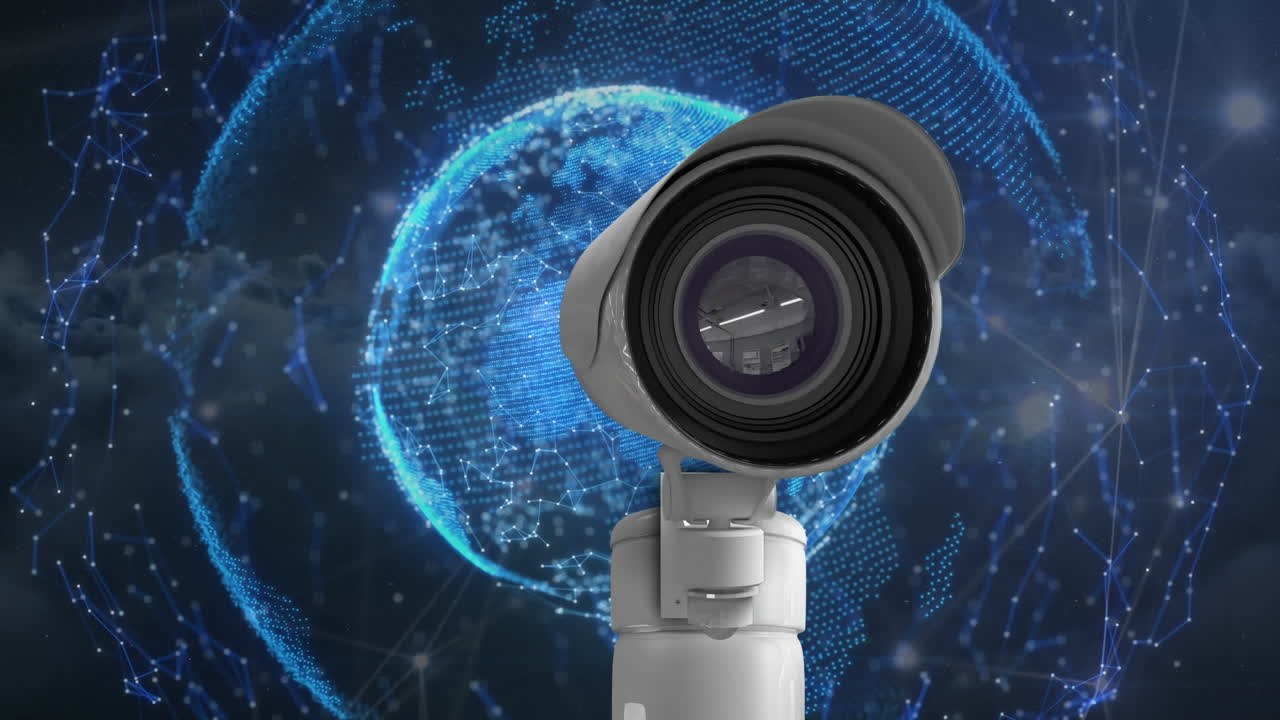 Animazione di un globo di connessioni luminose e di una telecamera di sicurezza in movimento