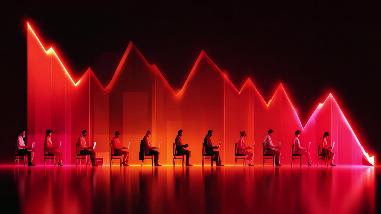 A visually striking representation of individuals seated in a row against a dynamic graph backdrop, illustrating trends, data analysis, and human interaction with analytics in a corporate environment