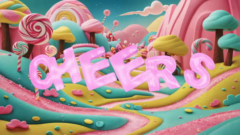 whimsical candy land with 'cheers' greeting
