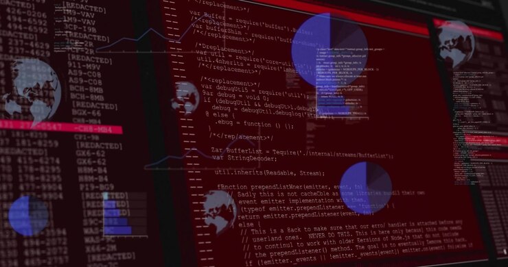 Animation of computer code with data visualization graphs on red background