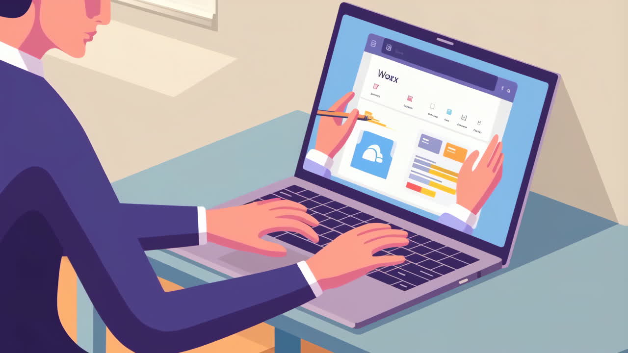 Person working on laptop with digital interface