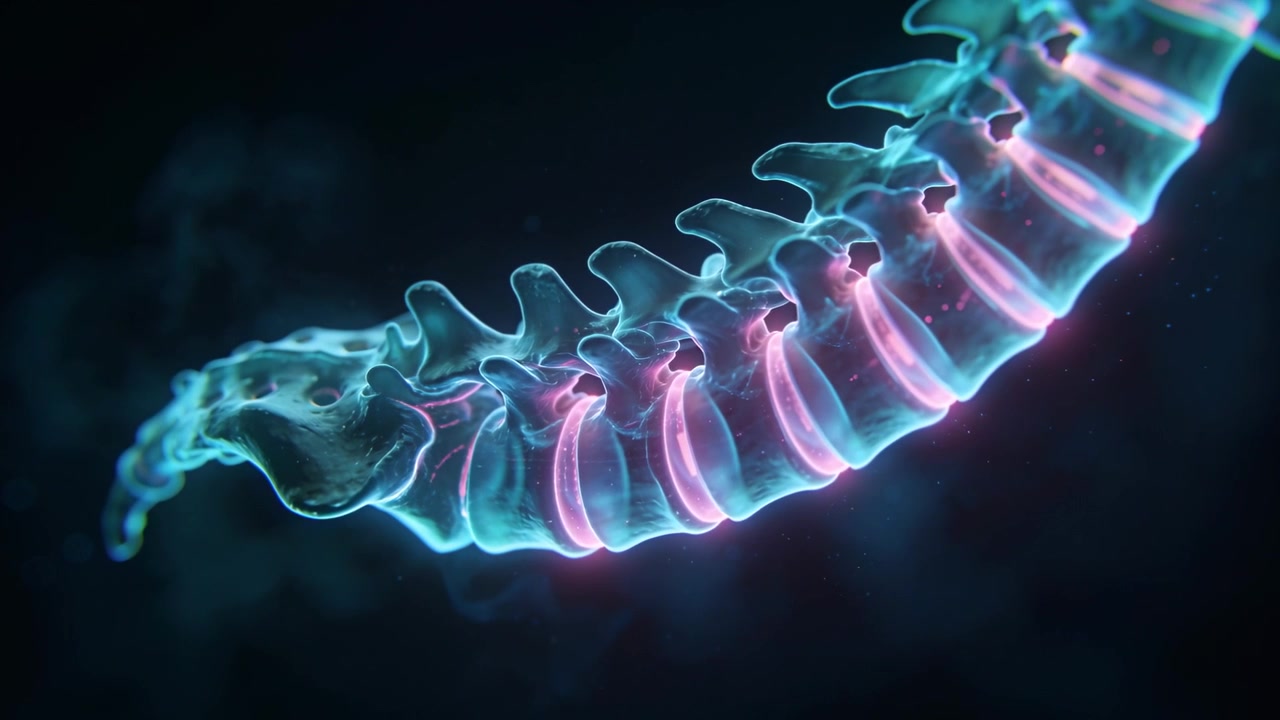 Inizio animazione, colonna vertebrale che ruota verso lo spettatore in un vuoto scuro dello studio, rivelando un bagliore di disco rosa.