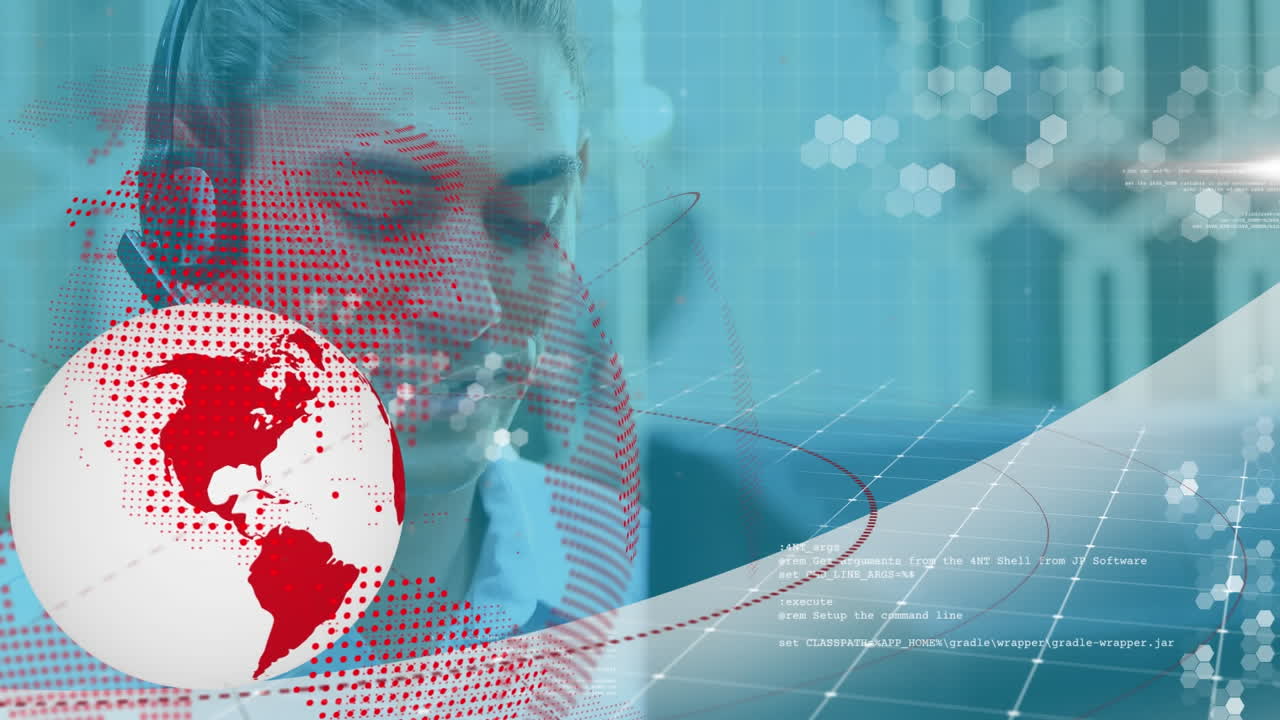 animación del globo con red de conexiones sobre la mujer usando auriculares de teléfono