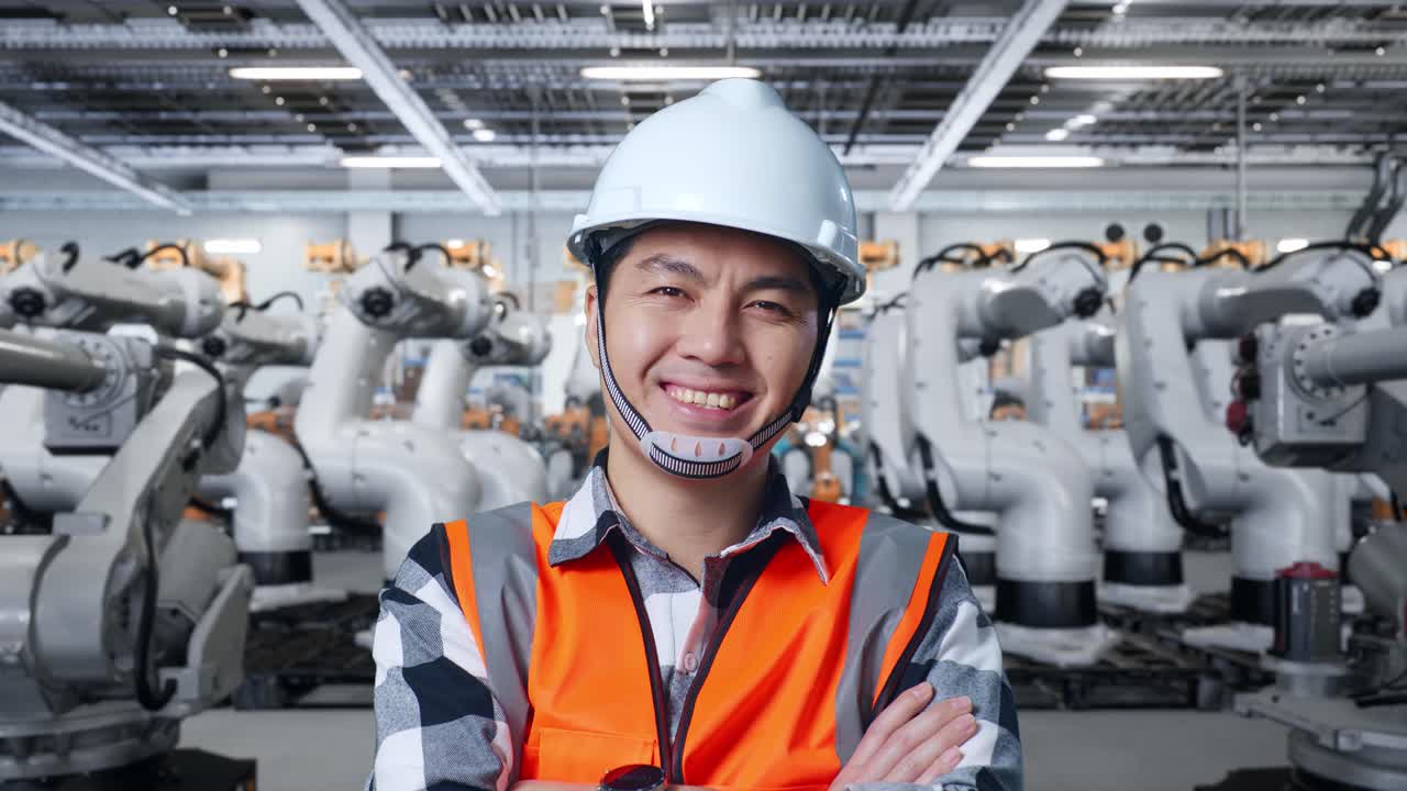 ロボットアームのある現代的な工場にいるエンジニア