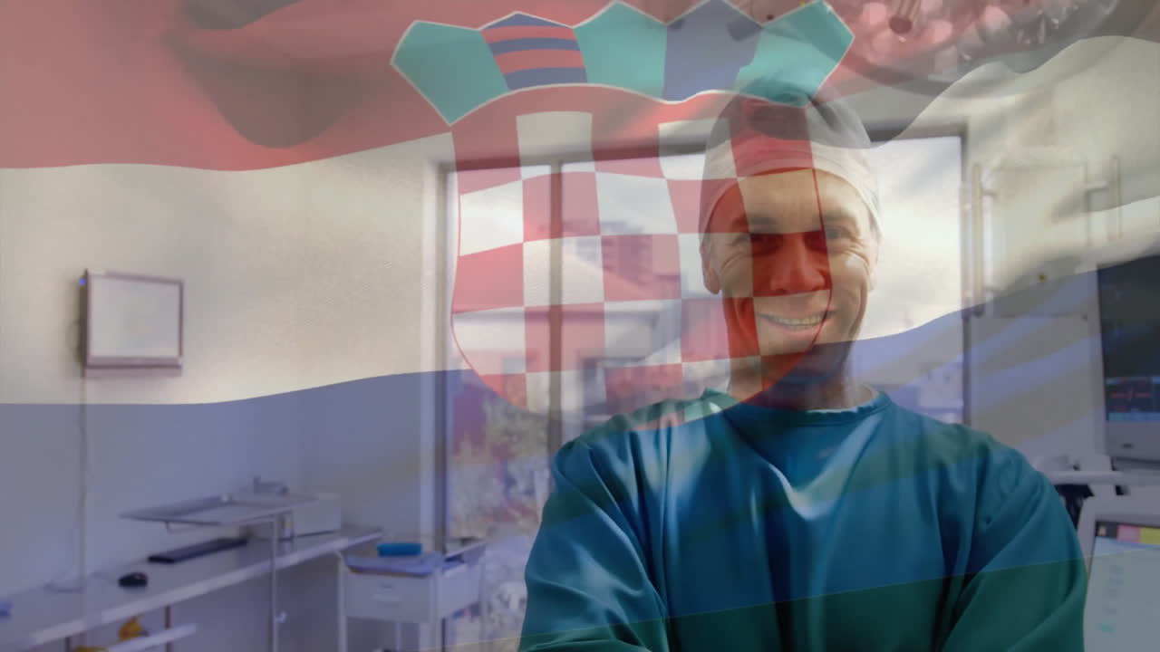 Animation of flag of croatia over caucasian male surgeon smiling