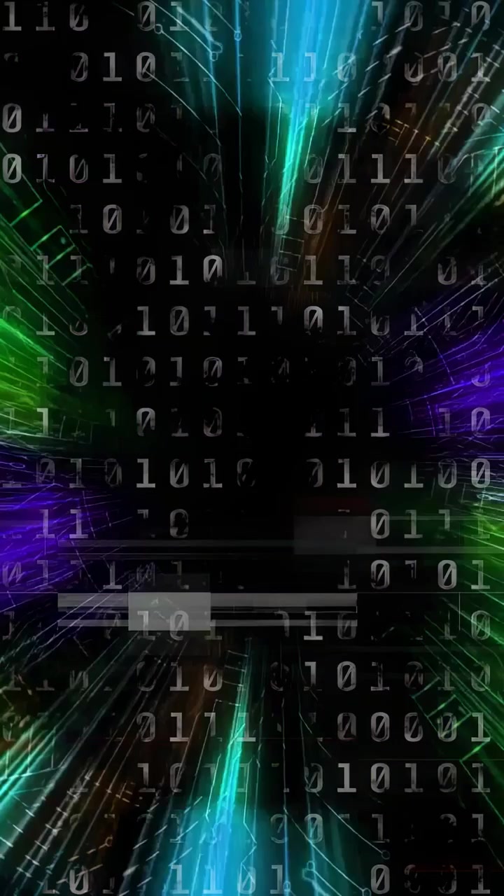 Vertical video: Corner neon pulses initiating binary grid converging inward, visualizing data flow