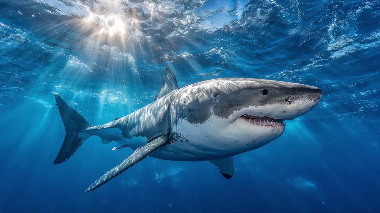 Maestoso squalo bianco che scivola in acque cristalline, catturato in straordinarie immagini subacquee, che mettono in risalto la sua potenza e la sua grazia sotto la superficie dell'oceano