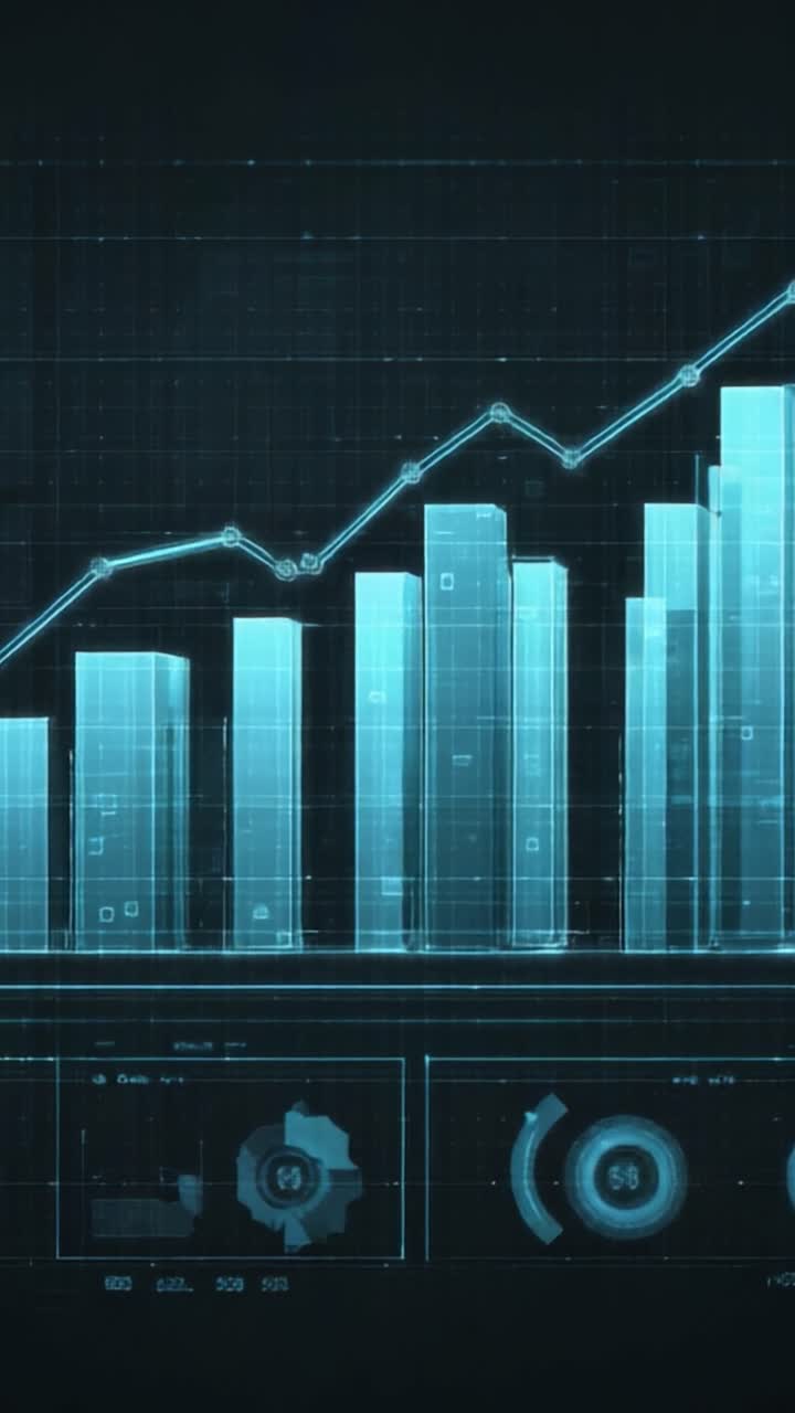 Digital datavisualisering med stigende graf-trender og analytiske målinger presentert i en futuristisk grensesnittstil