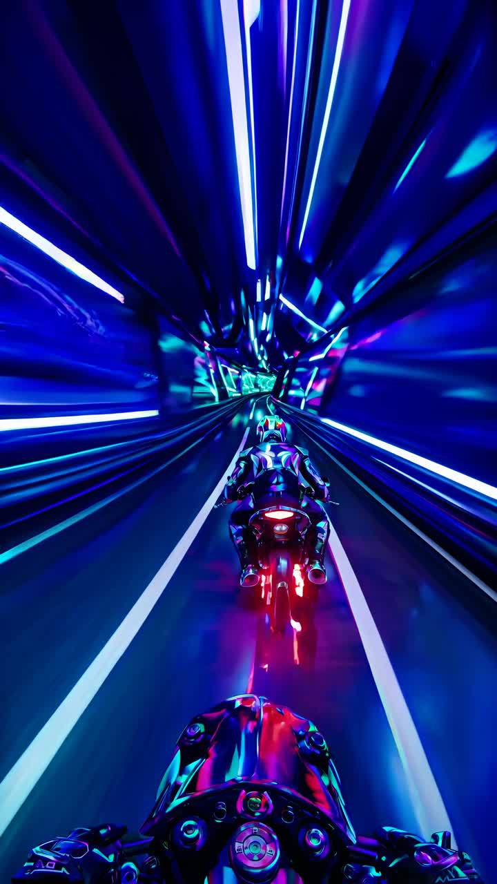 Dynamic video concept of futuristic motorbikes racing through a neon-lit tunnel