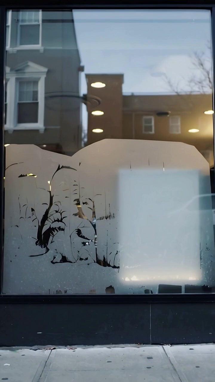 Video verticale: La telecamera si allontana per mostrare un murale su vetrina smerigliata e un poster illuminato per strada