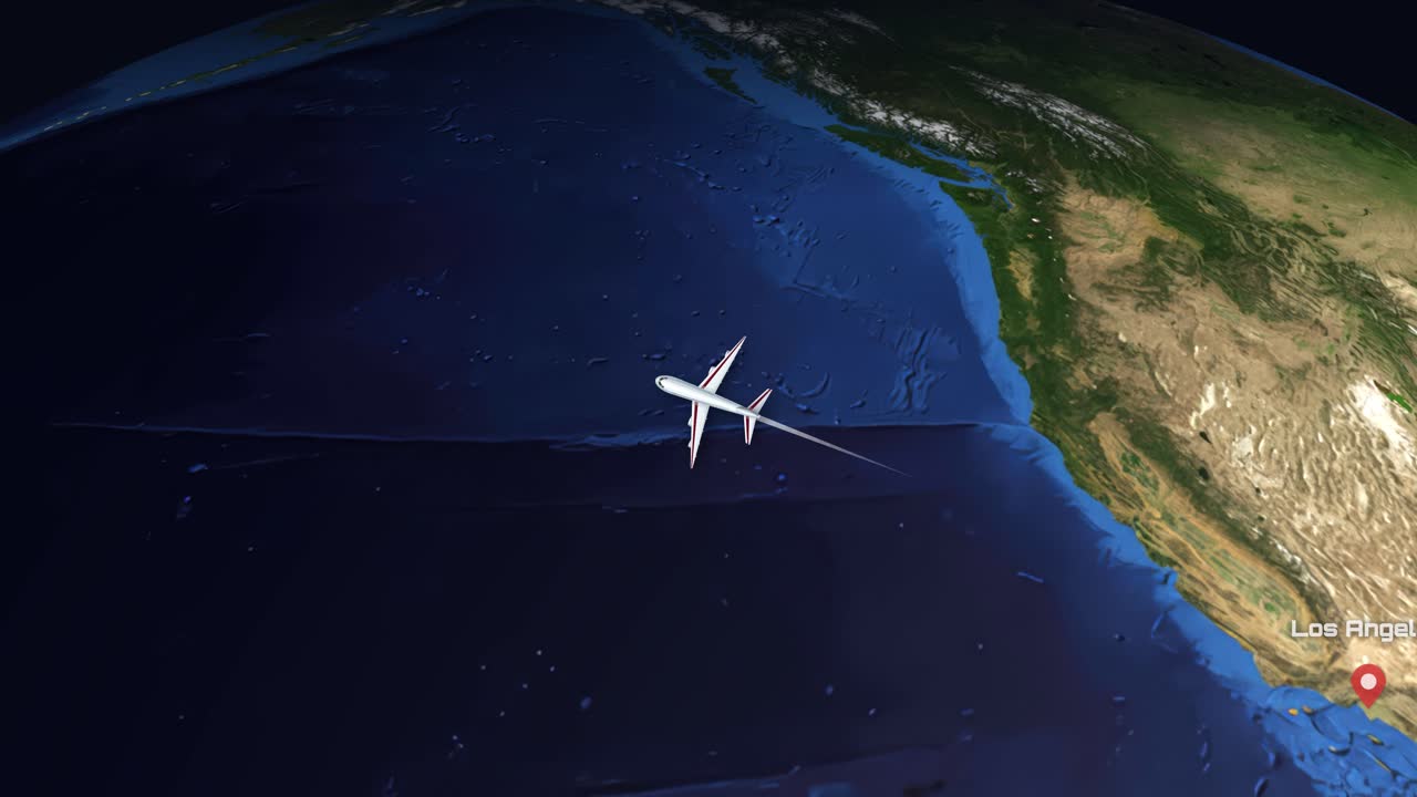 En satellitvisningsanimation følger et kommercielt fly, der flyver over Stillehavet til Japan.