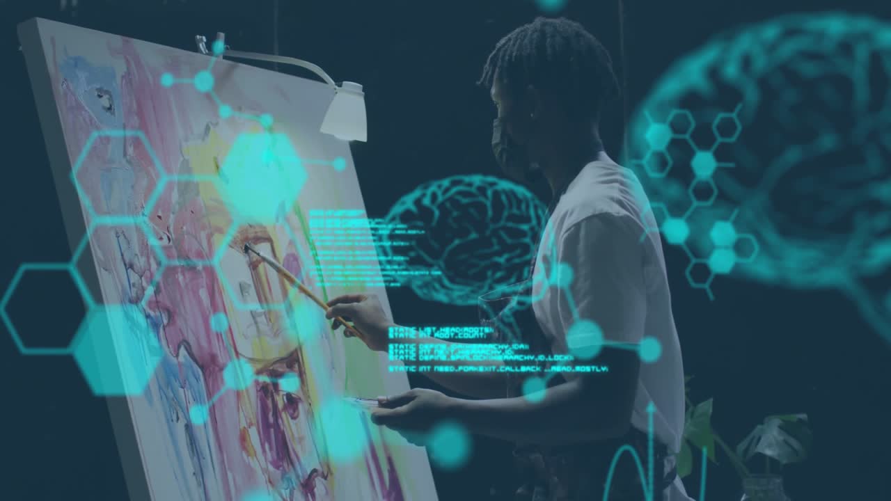 Artist dipping brush and painting causing tech hex-grid and brain-diagram blending art, tech