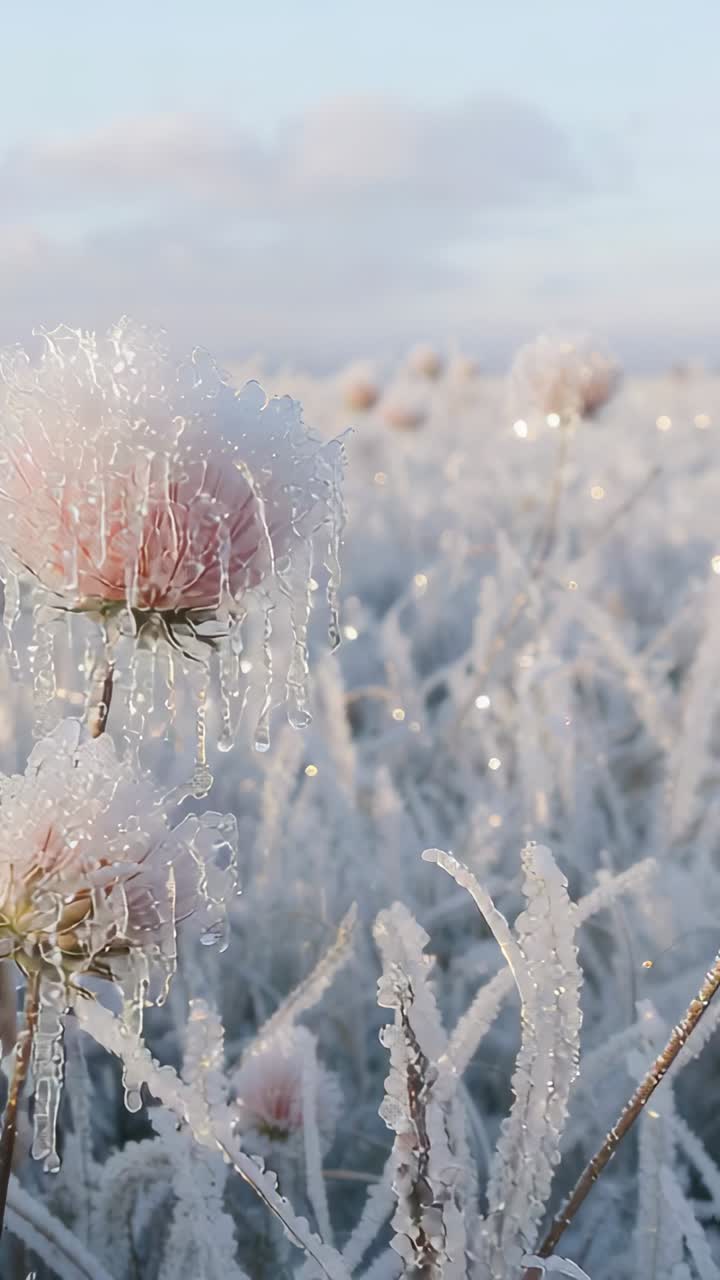 Video verticale: carrellata che rivela un fiore rosa ghiacciato in un prato all'alba, con ghiaccioli