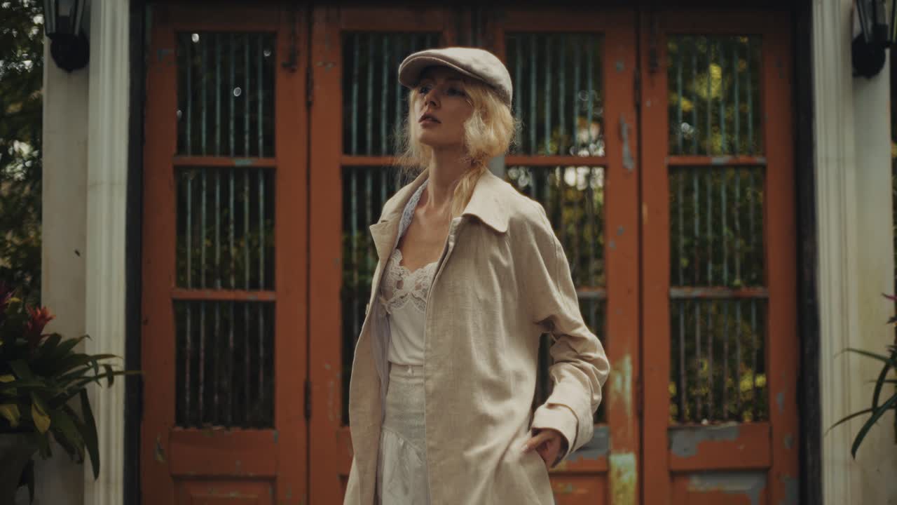 Fashionable woman in trench coat and newsboy cap posing in front of old doors