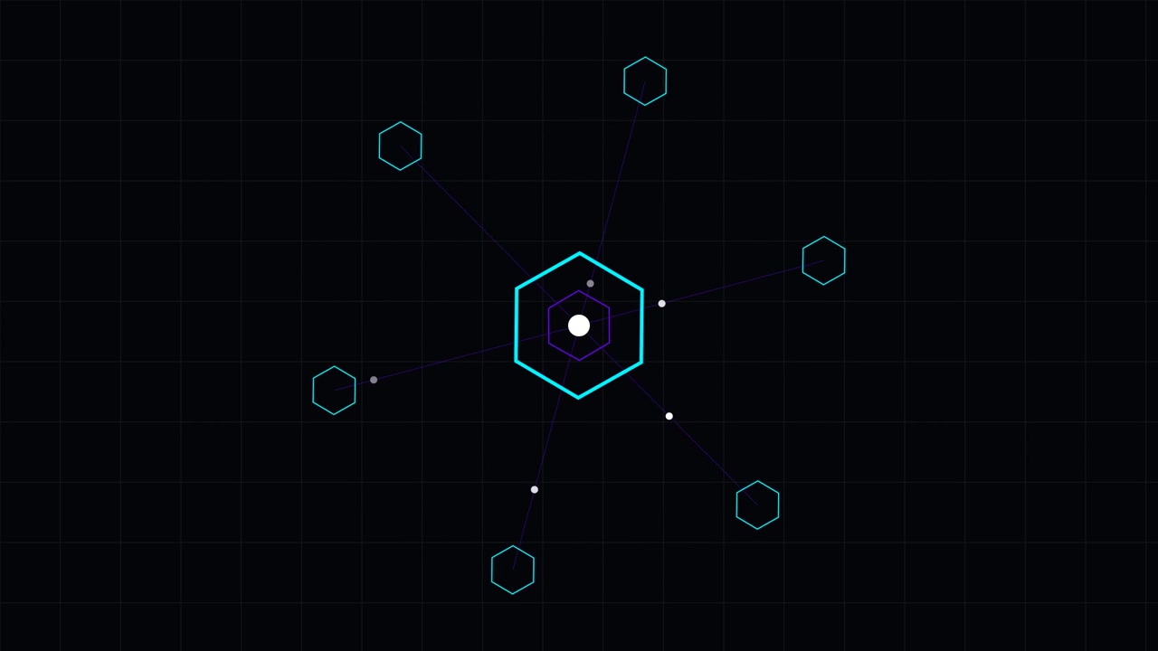 Animação Abstrata de Rede Digital com Nós Hexagonais Rotativos