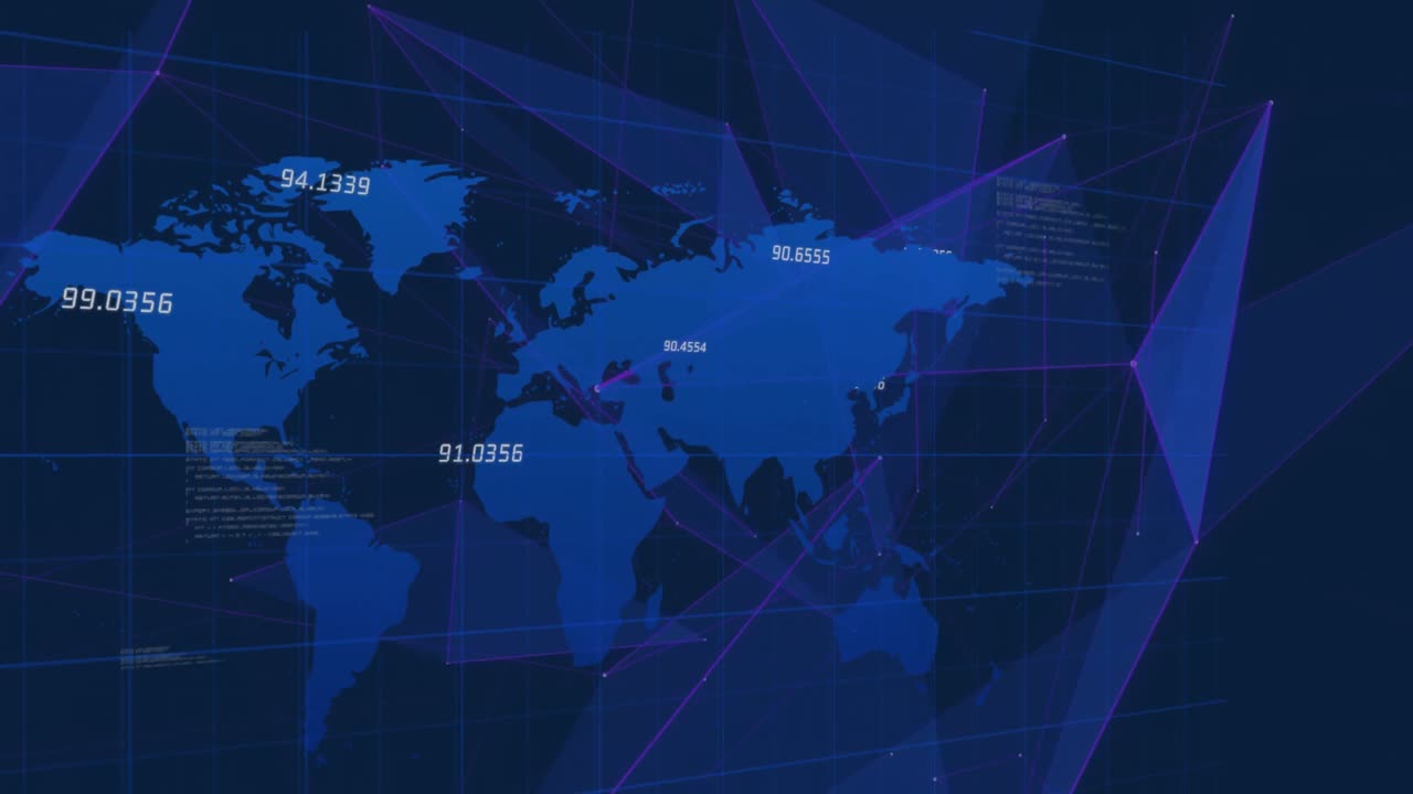 세계 지도를 가로지르는 연결 네트워크의 애니메이션