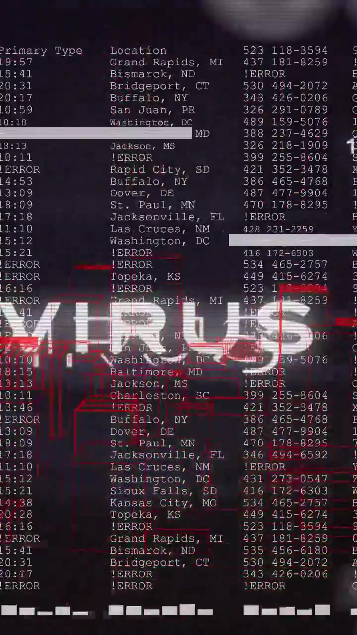 Vertical video: Glitching VIRUS text causing scrolling log, red scan picking error rows for alert