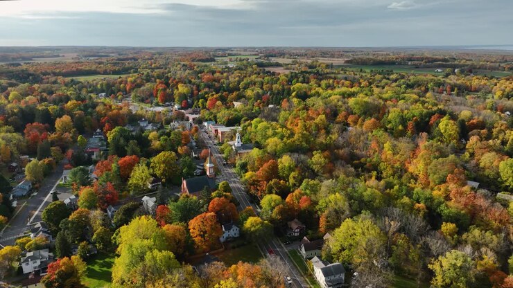 Afternoon autumn fall aerial view of Trumansburg NY USA. Located in the Finger Lakes Region near Ithaca, New York.
