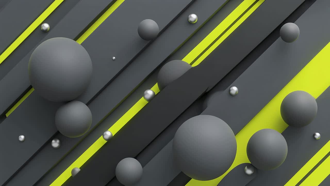 Moderne abstrakte 3D-Animation mit sich bewegenden grauen Kugeln und gelben Streifen