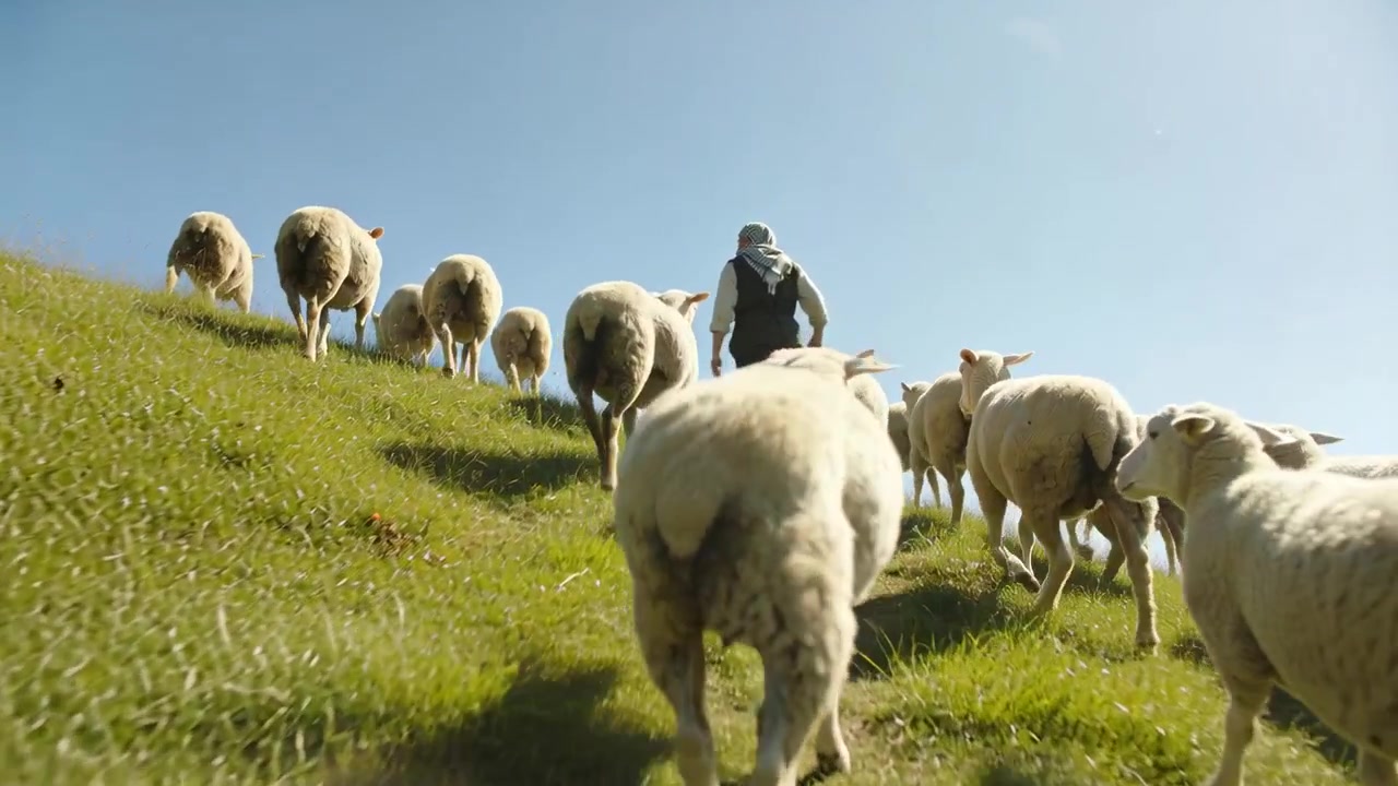 Telecamera che segue un pastore con la sciarpa che guida il gregge in salita lungo un sentiero appena visibile, con il suo bastone.