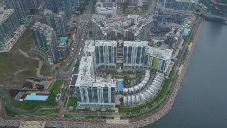 drone footage of tseung kwan o city, hong kong