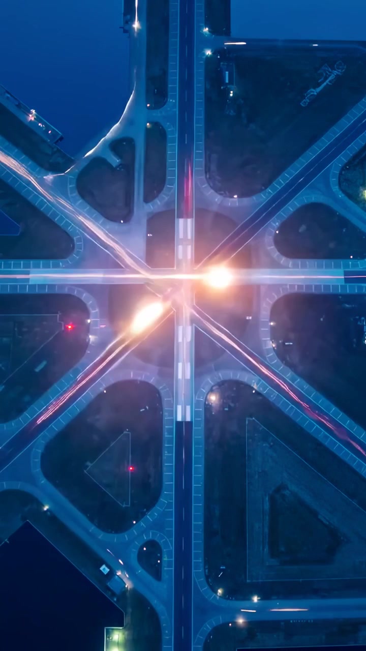 Video verticale: Auto che si avvicinano e si uniscono a un incrocio notturno, creando un breve bagliore luminoso vicino agli spartitraffico.