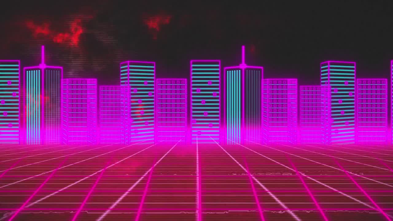 animación del paisaje urbano digital sobre nubes rojas en movimiento en una cuadrícula roja en movimiento