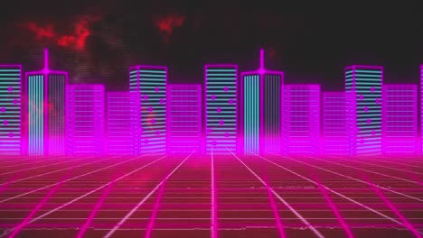 animación del paisaje urbano digital sobre nubes rojas en movimiento en una cuadrícula roja en movimiento