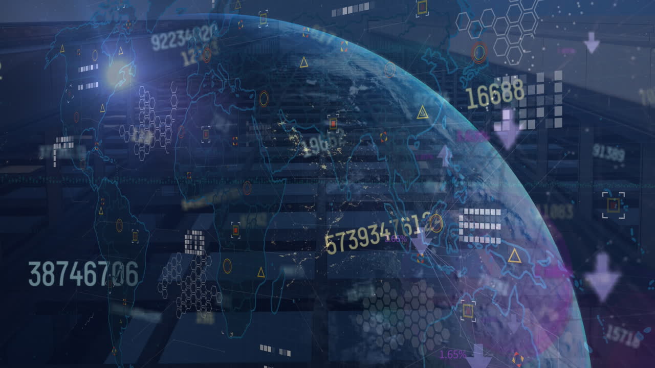 Animation of financial data processing with globe and world map over cityscape