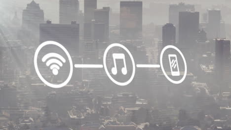 Animation-of-network-of-wifi-and-media-icons-over-modern-cityscape