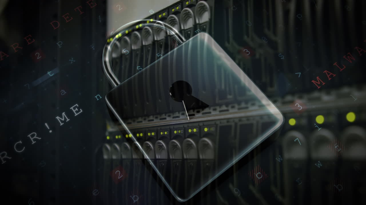 animación de advertencia de ataque cibernético y candado sobre la sala del servidor