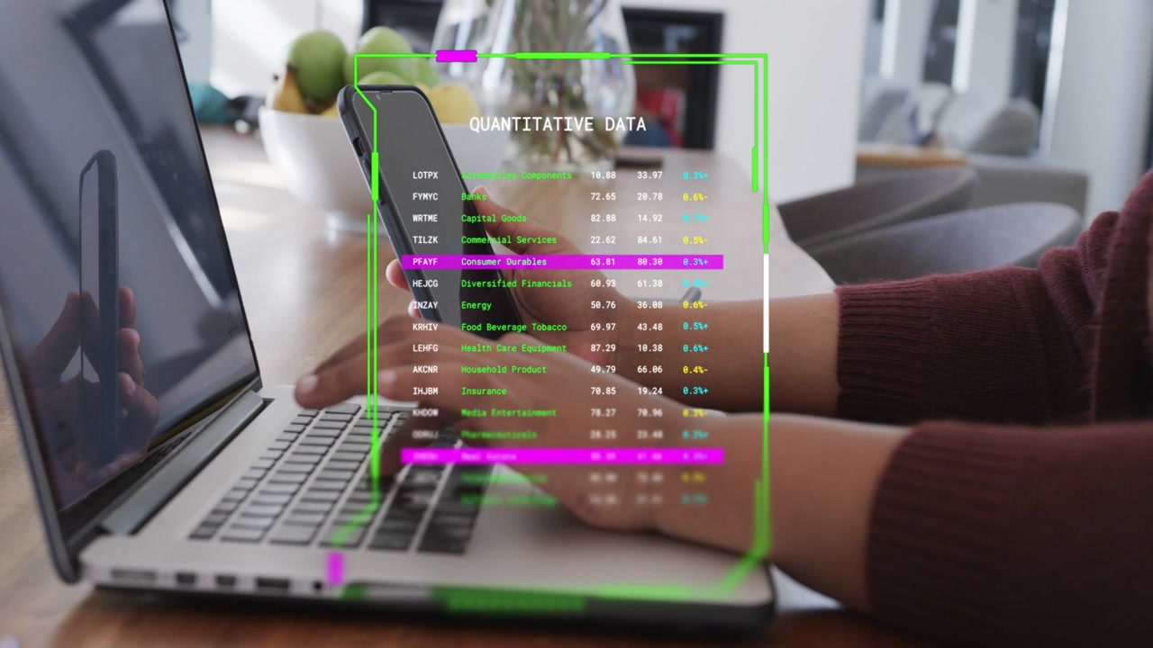Woman typing at desk, lifting phone, tapping, HUD flickering over keys, highlighting data for work