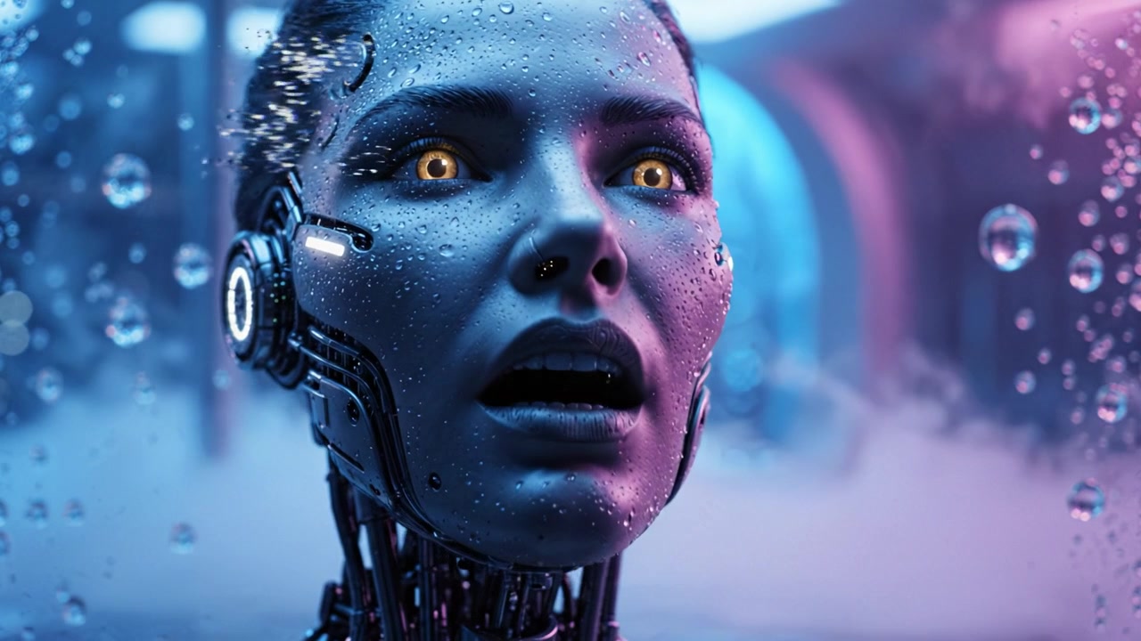 Un'impressionante figura robotica emerge da un ambiente nebbioso, con occhi luminosi e intricati dettagli cibernetici, mostrando la fusione di tecnologia e umanità