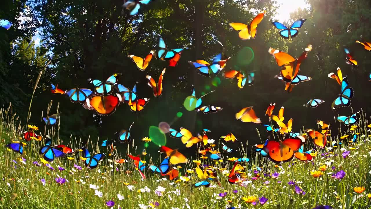 Un video vivido cattura farfalle in un prato, ripreso da una bassa angolazione, mettendo in mostra ali colorate