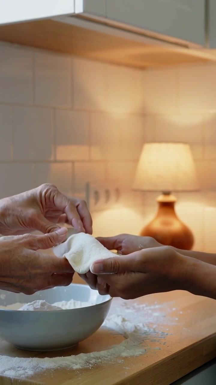 Video verticale: Mani anziane e donna con top chiaro che modellano una coppetta di impasto in cucina con una ciotola.