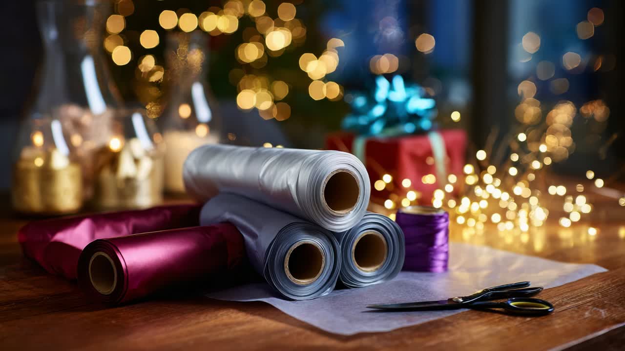 Elegant Wrapping Supplies Arranged Beautifully with Bokeh Background of Glimmering Lights and Presents, Perfect for Holiday Gift Preparation and Creative DIY Decorations in a Warm Atmosphere