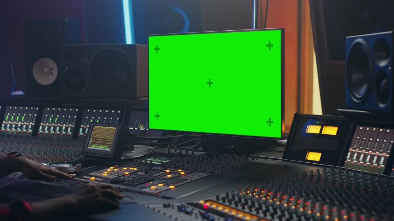ritratto di un elegante ingegnere audio che lavora in uno studio di registrazione musicale, utilizza un computer a schermo verde, una scheda di mixaggio, una scrivania di controllo per creare una nuova canzone. artista nero creativo balla seduto. sopra la spalla