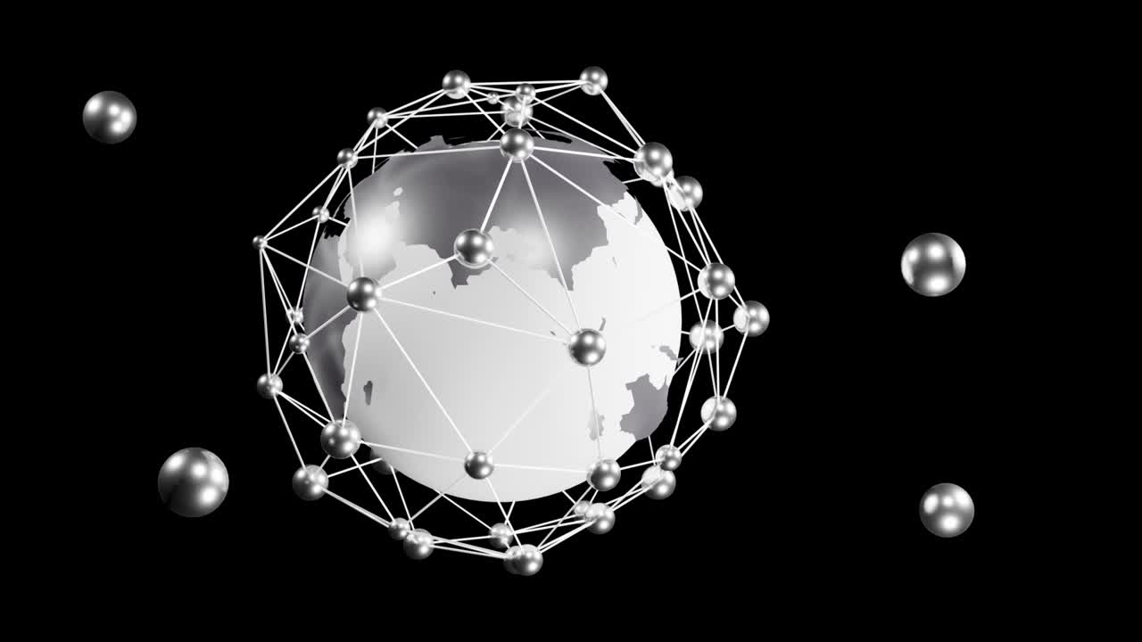 tierra en forma de átomo en color plata con red y bolas que representan la comunicación. animación de bucle.