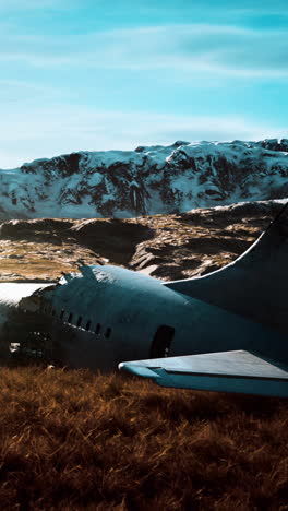 abandoned airplane wreck in a mountainous landscape