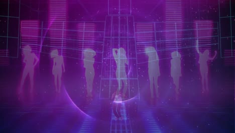 silhouette of people dancing over music equalizer against purple background