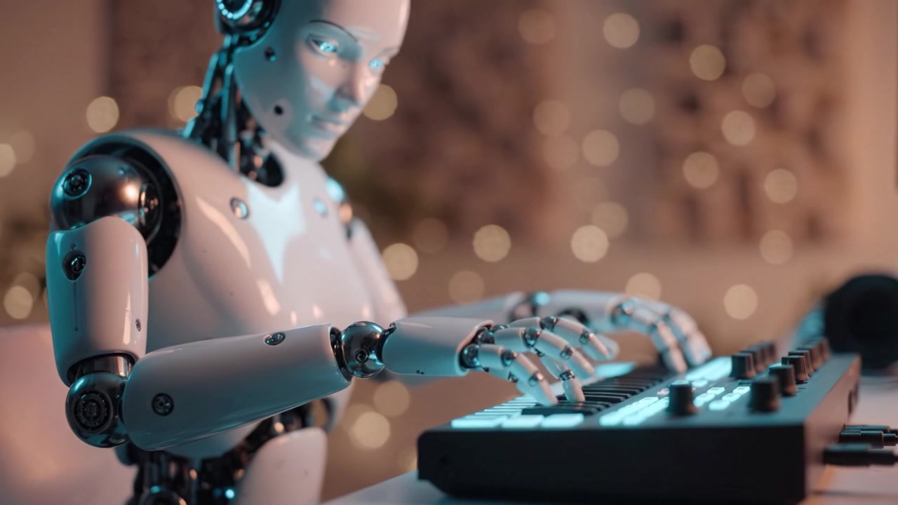 En sofistikert robotmusiker spiller dyktig på et elektronisk keyboard, som blander teknologi og kreativitet i et fengslende miljø fylt med myke glødende lys.