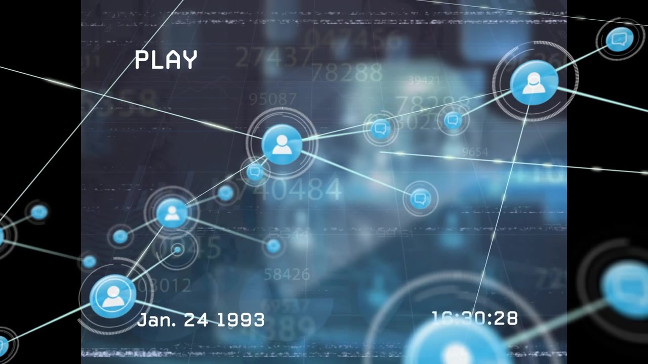 Animation of network of profile icons and vhs glitch effect over changing numbers on blue background